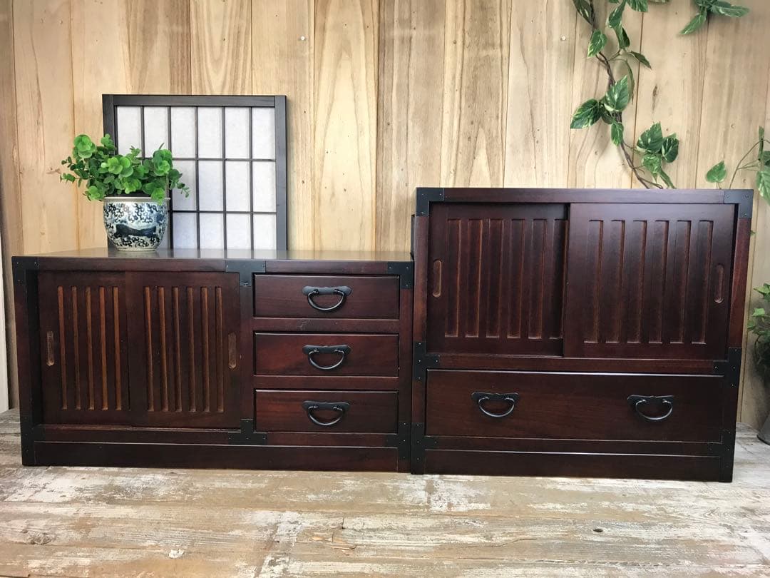 民芸家具引き戸付きタンスチェスト2点セット木製桐材天然無垢飾り棚収納家具和箪笥