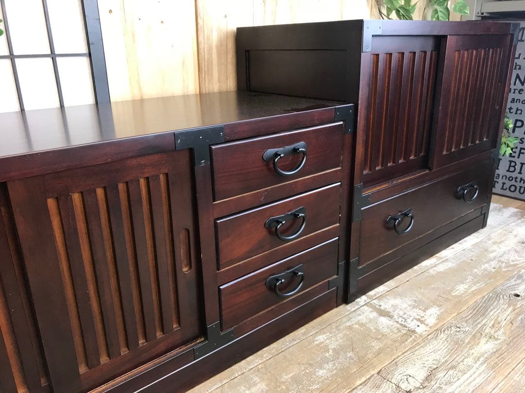 民芸家具引き戸付きタンスチェスト2点セット木製桐材天然無垢飾り棚収納家具和箪笥