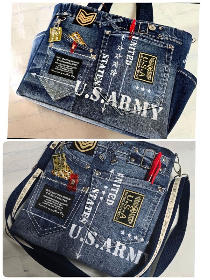 デニムリメイク 大きめ トートバッグ ❀サコッシュ❀ 底板付き