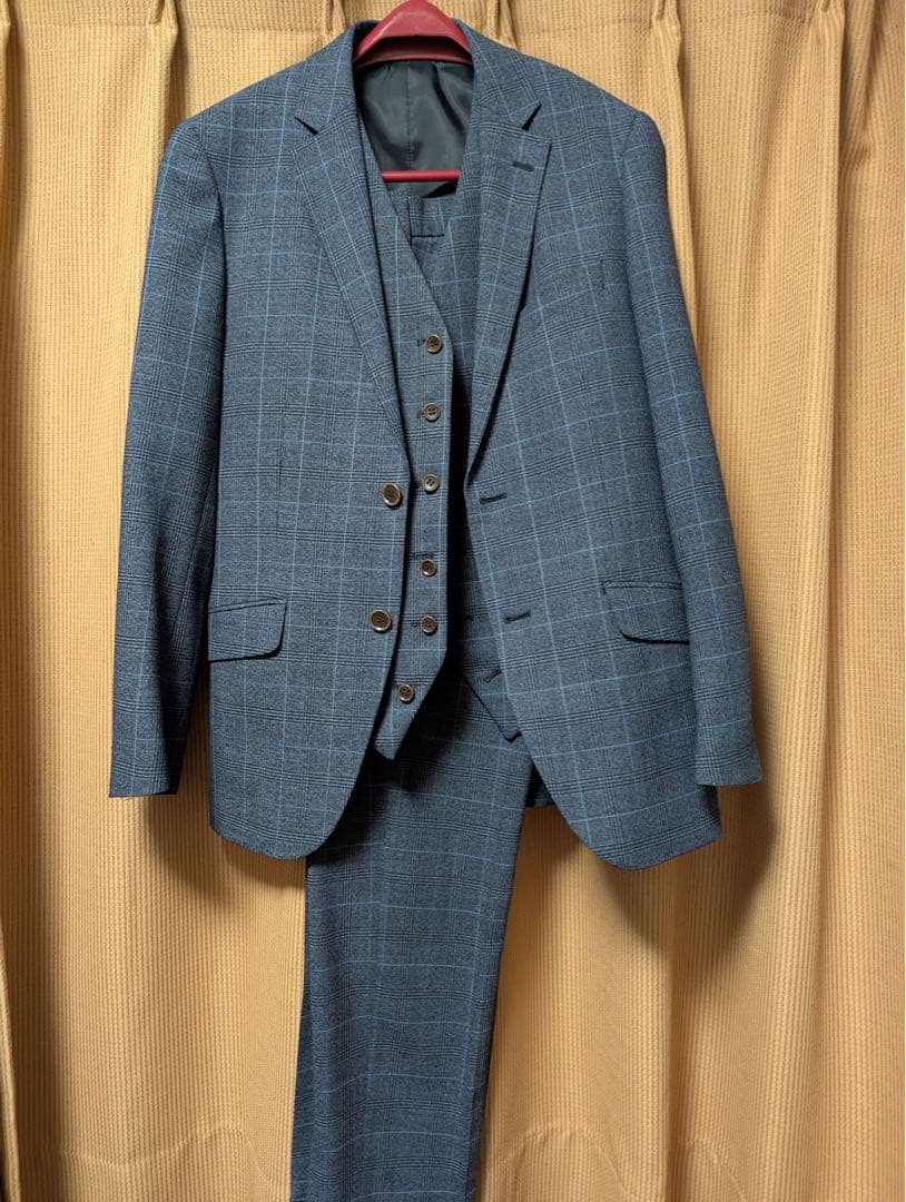 値下げ【メンズビギ】青系チェック スリーピーススーツ