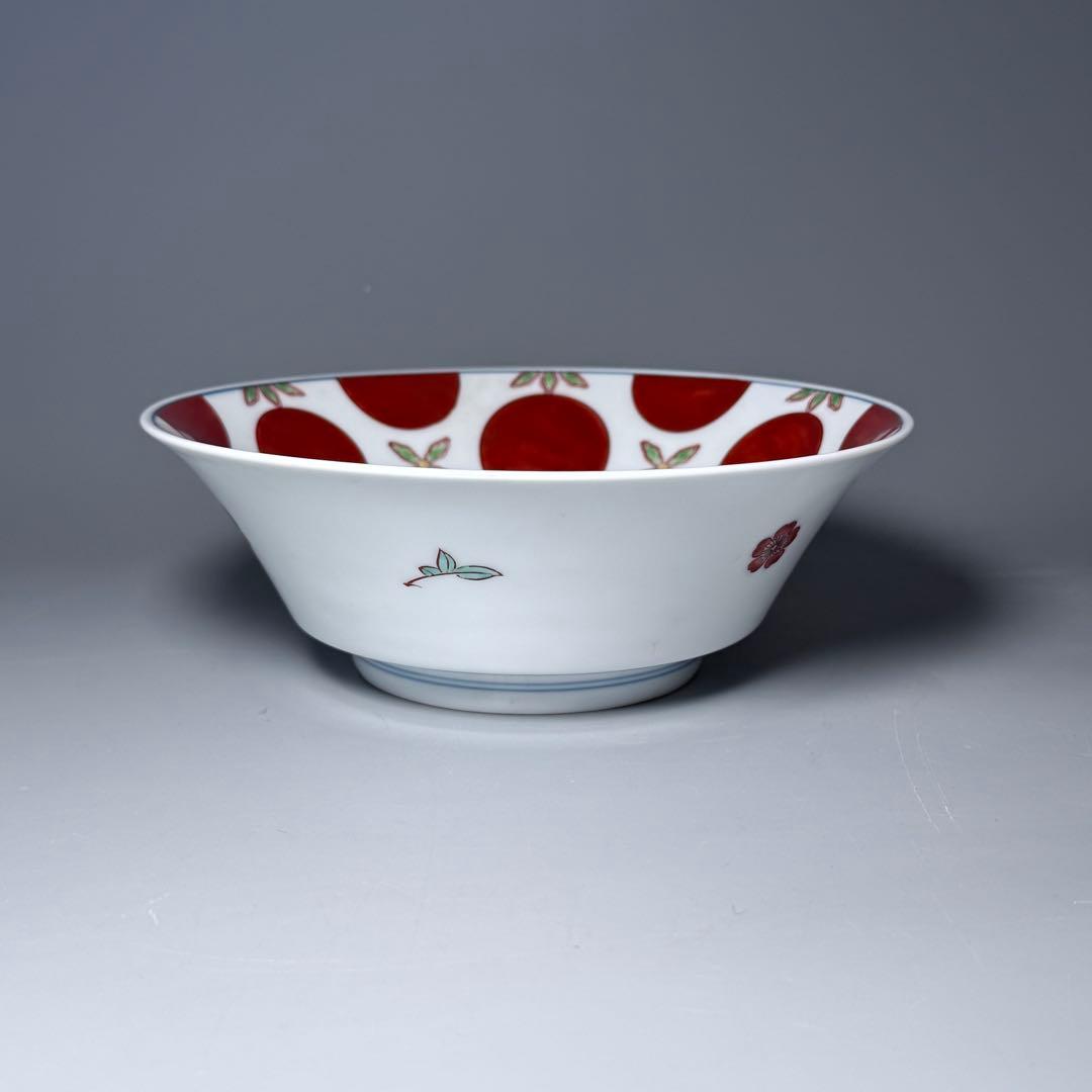 人間国宝　十三代　今泉今右衛門　錦赤玉絵菓子鉢　共箱　壽　直径19cm　本物保証