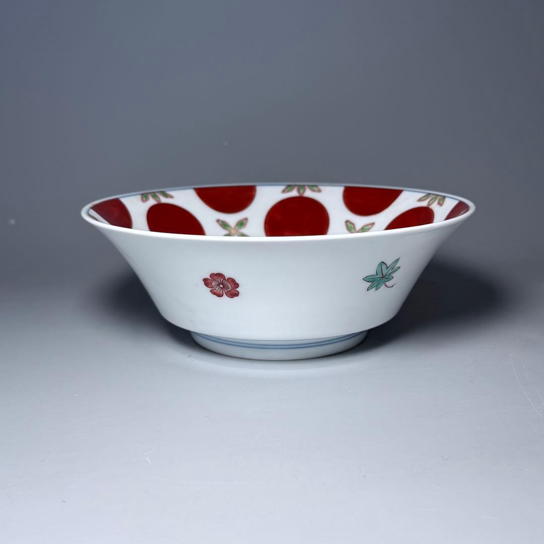 人間国宝　十三代　今泉今右衛門　錦赤玉絵菓子鉢　共箱　壽　直径19cm　本物保証