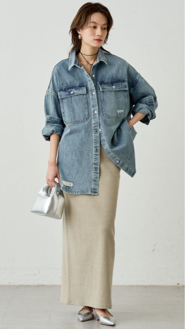 【Loungedress】ダメージデニムシャツ　ブルー