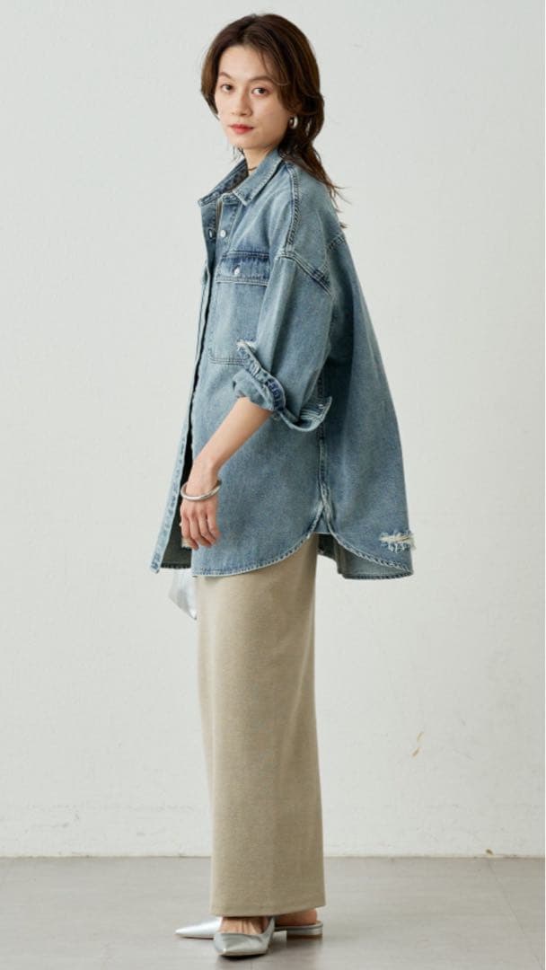 【Loungedress】ダメージデニムシャツ　ブルー