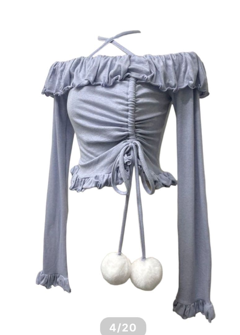 完売品 lilLilly ぽんぽんオフショルトップス ブルー