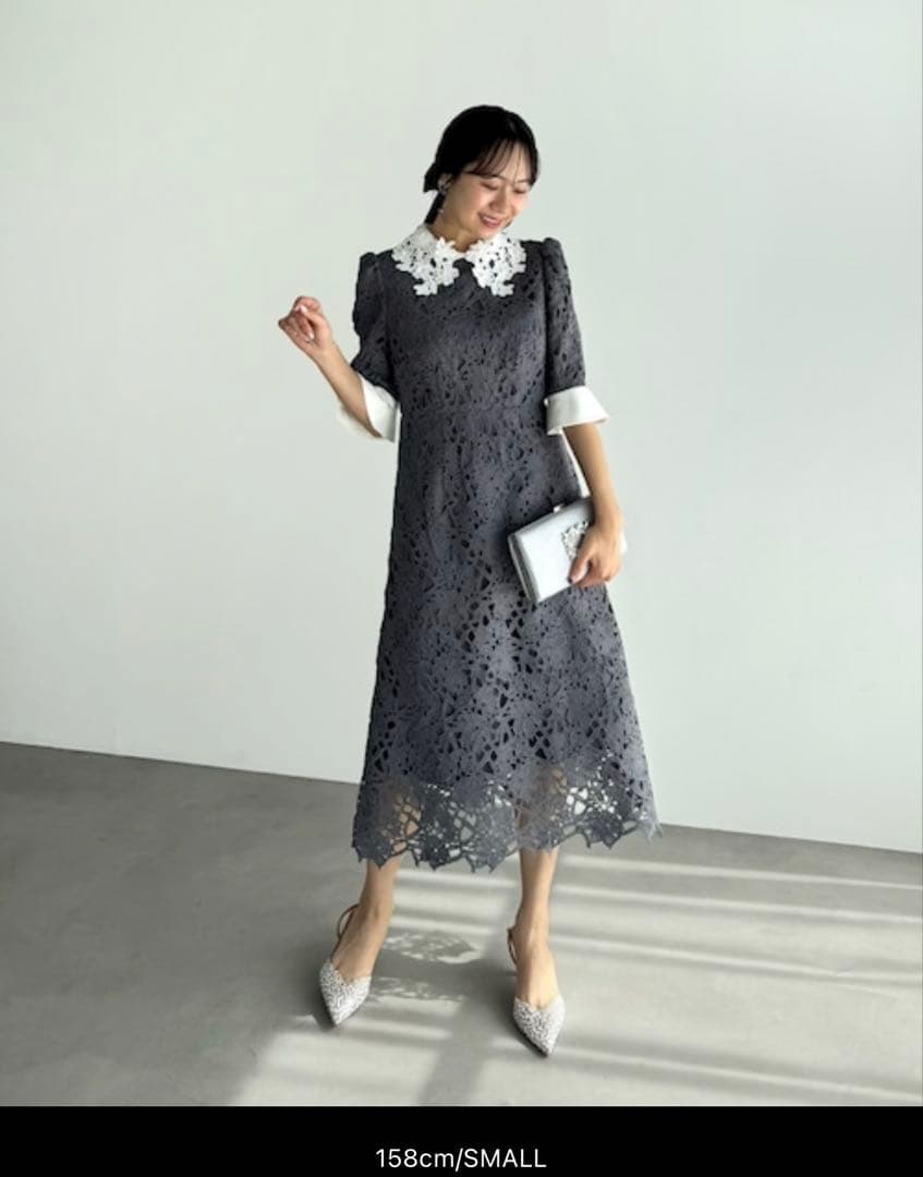 【LEJA】花柄レースビジューカラーAラインドレスワンピース M 美脚効果結婚式