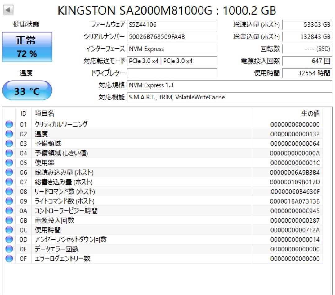 F*I様 正常動作品Kingston A2000 1TB NVMe SSD