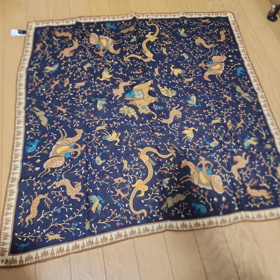 Drake's 動物柄 ネイビー スカーフ ウールシルク