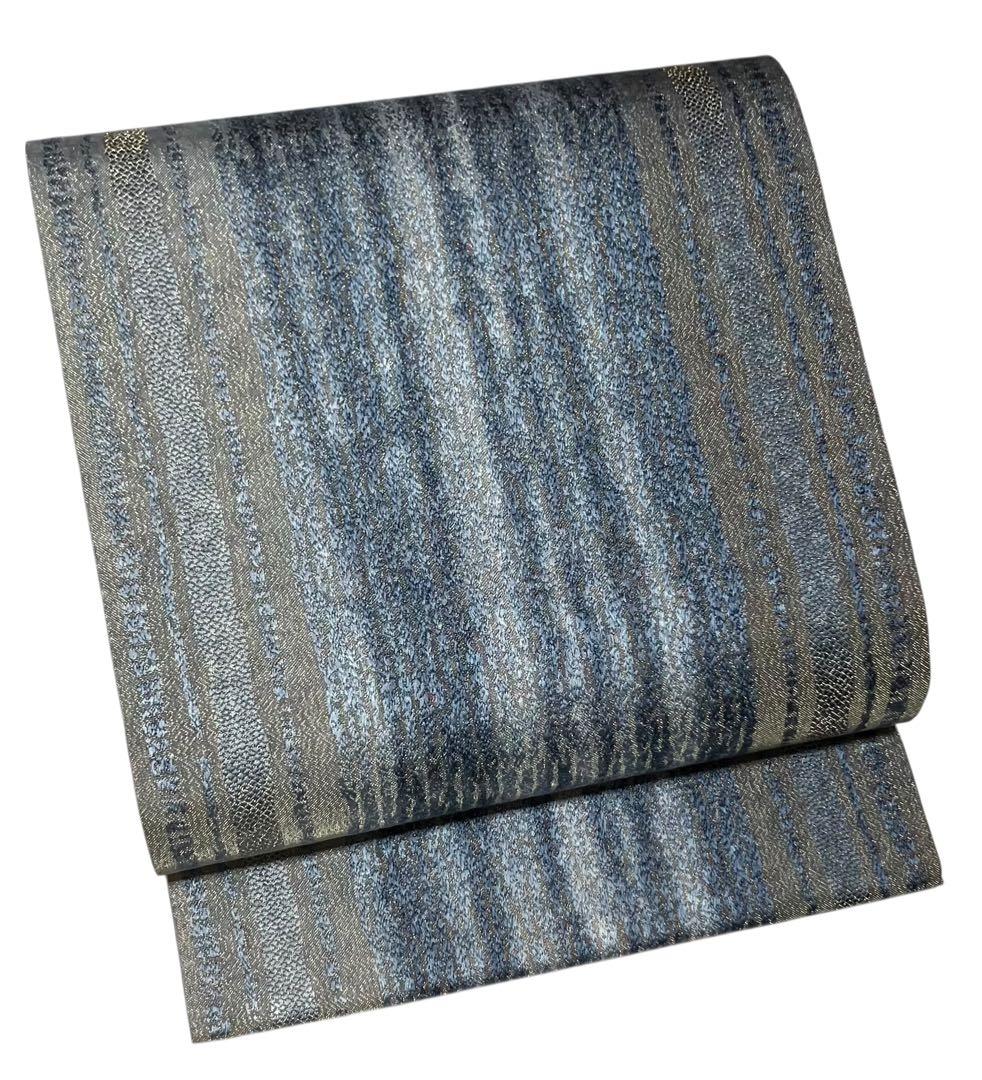 藍染 袋帯 全通柄 正絹 金通し 縦縞 未使用 イ6376