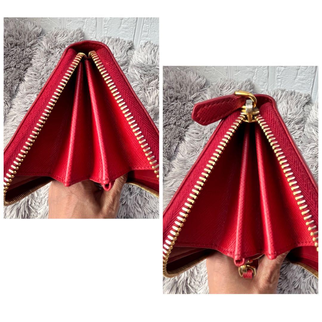 良品✨PRADA サフィアーノ　ラウンドジップ　メタルロゴ　レッド　長財布