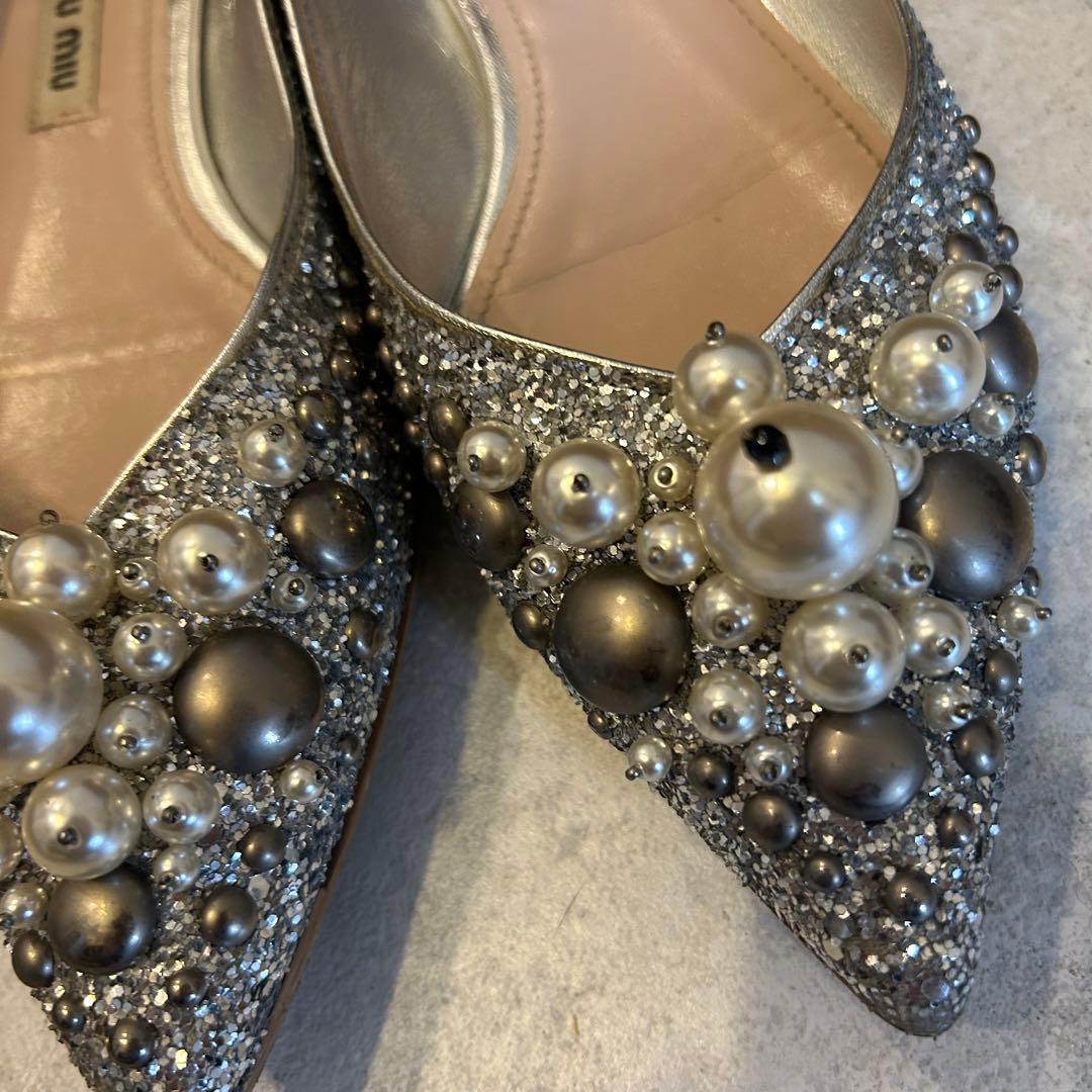 miu miu ビジュー パンプス シルバー　23センチ　ミュウミュウ　フラット