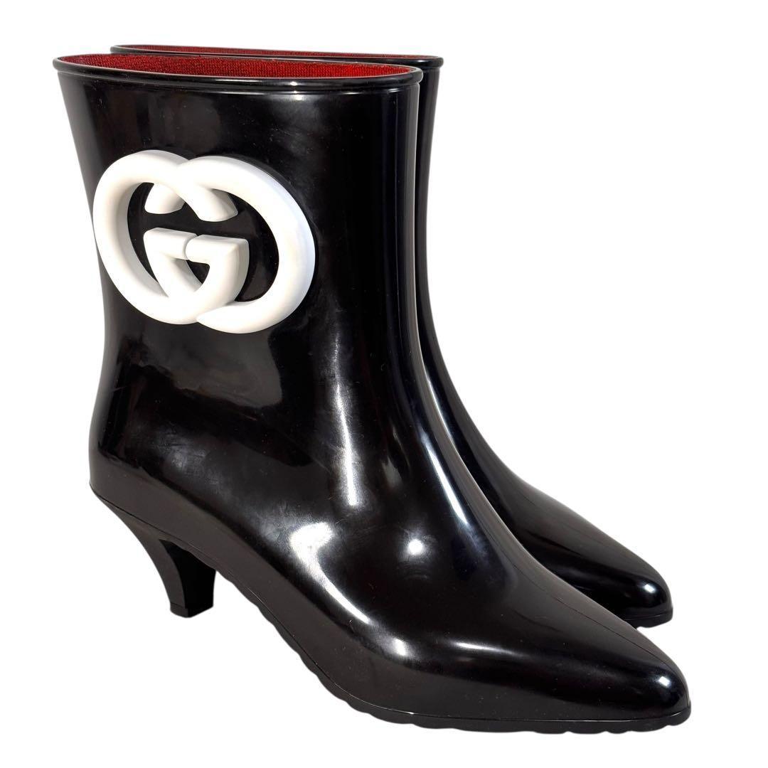 良品 グッチ 36 23 レインブーツ インターロッキング GG ブラック