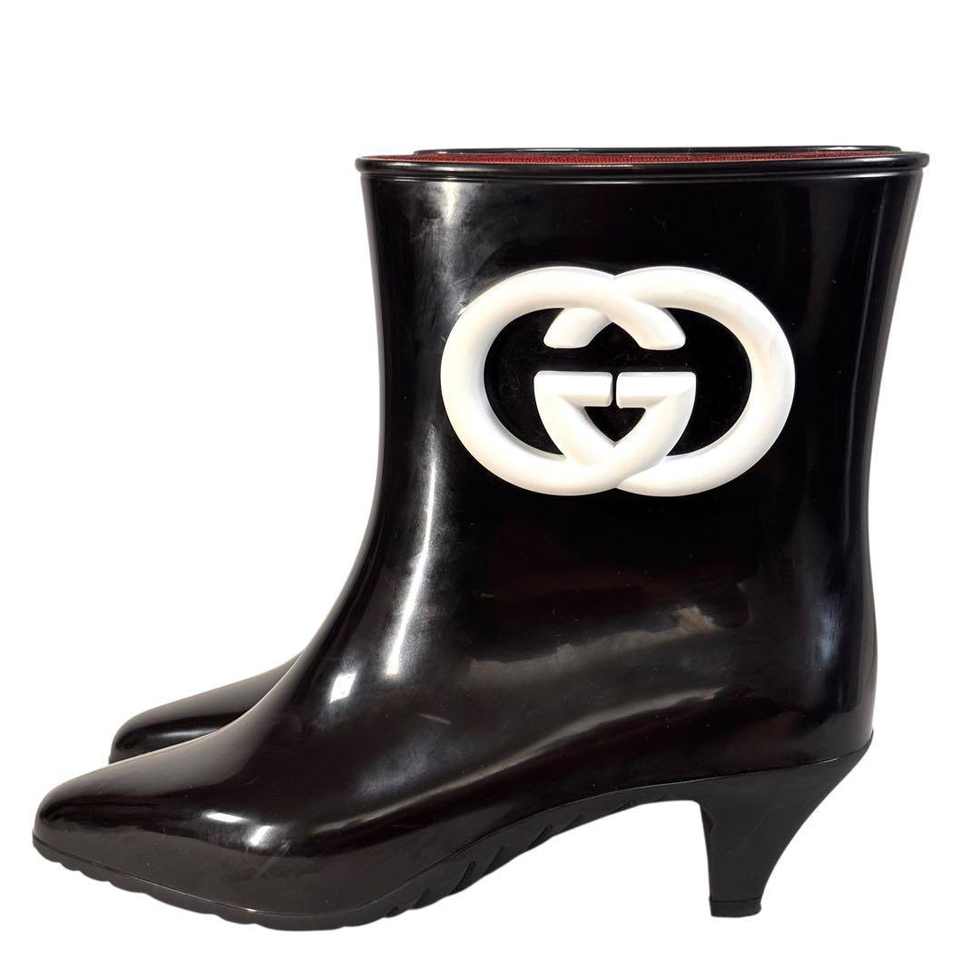 良品 グッチ 36 23 レインブーツ インターロッキング GG ブラック