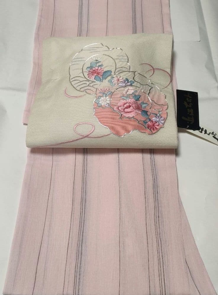 夏着物　新品　近江ちぢみ着物 　浴衣　桃