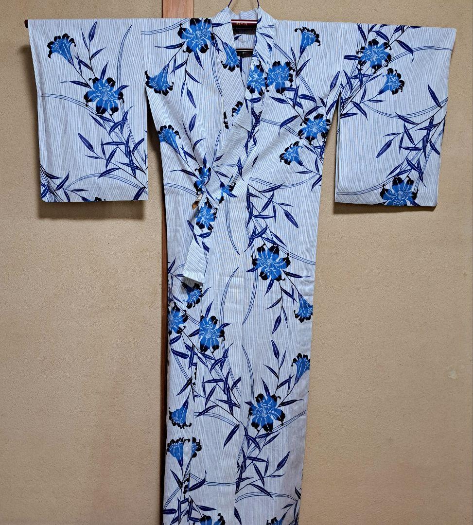 美品 本染め 浴衣　裄67 麻混　百合柄