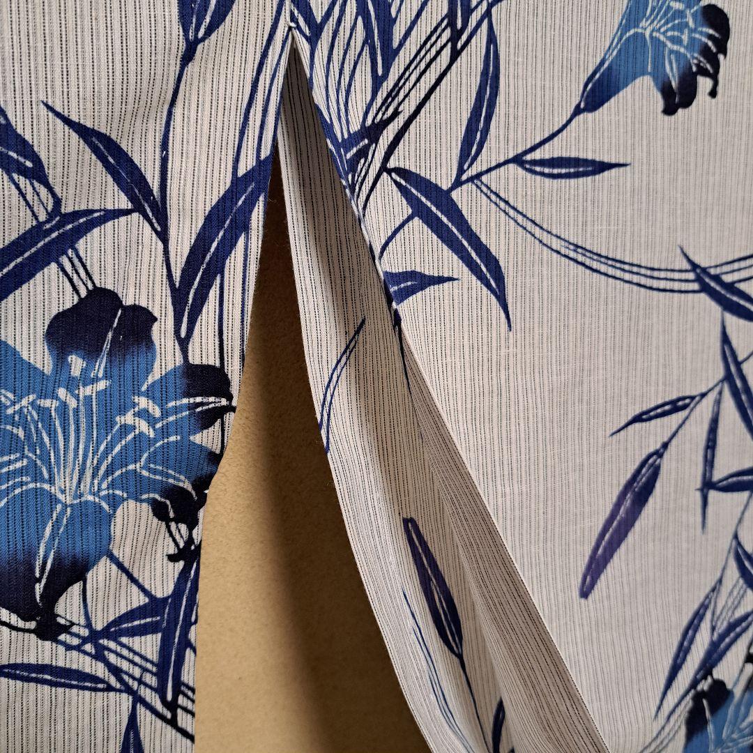 美品 本染め 浴衣　裄67 麻混　百合柄