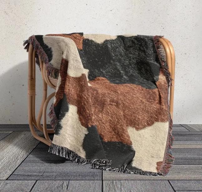 【新品未使用未開封】牛柄フリンジ付き毛布