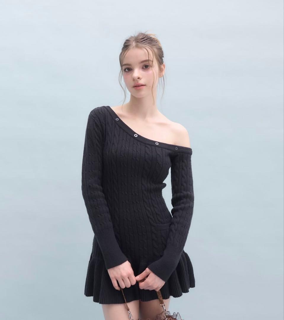 ワンピース yilon ONE SHOULDER CABLE KNITOP NAVY