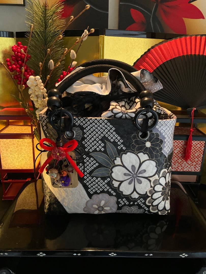 一閑張り　一閑張りバッグ　古文書　和紙　花絵柄　大正　着物　桜　京友禅　ダリア菊
