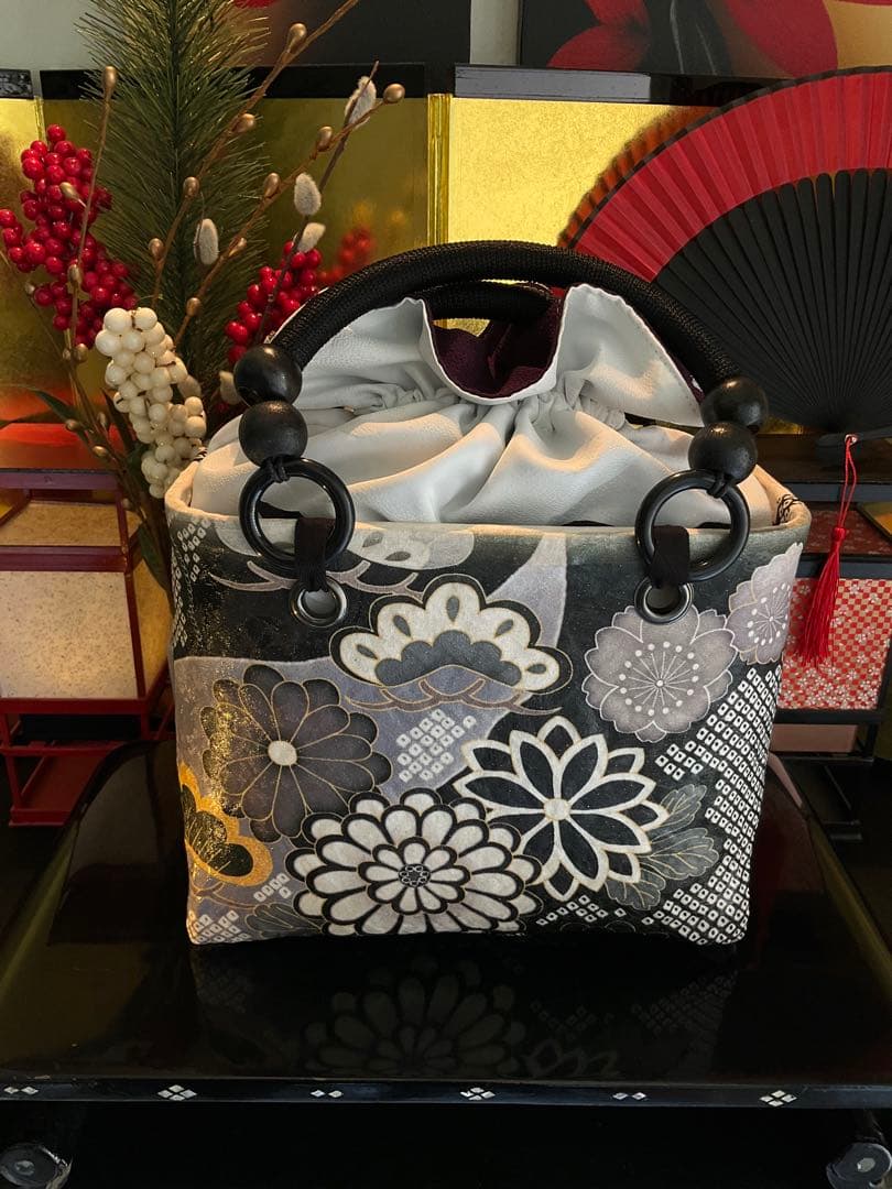 一閑張り　一閑張りバッグ　古文書　和紙　花絵柄　大正　着物　桜　京友禅　ダリア菊