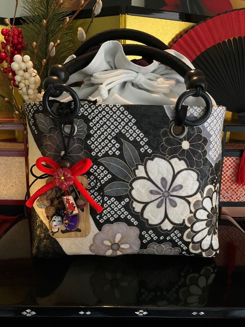 一閑張り　一閑張りバッグ　古文書　和紙　花絵柄　大正　着物　桜　京友禅　ダリア菊