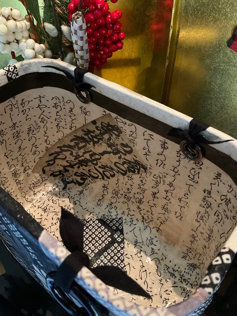 一閑張り　一閑張りバッグ　古文書　和紙　花絵柄　大正　着物　桜　京友禅　ダリア菊