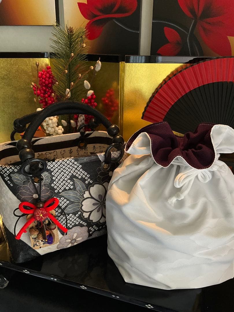 一閑張り　一閑張りバッグ　古文書　和紙　花絵柄　大正　着物　桜　京友禅　ダリア菊