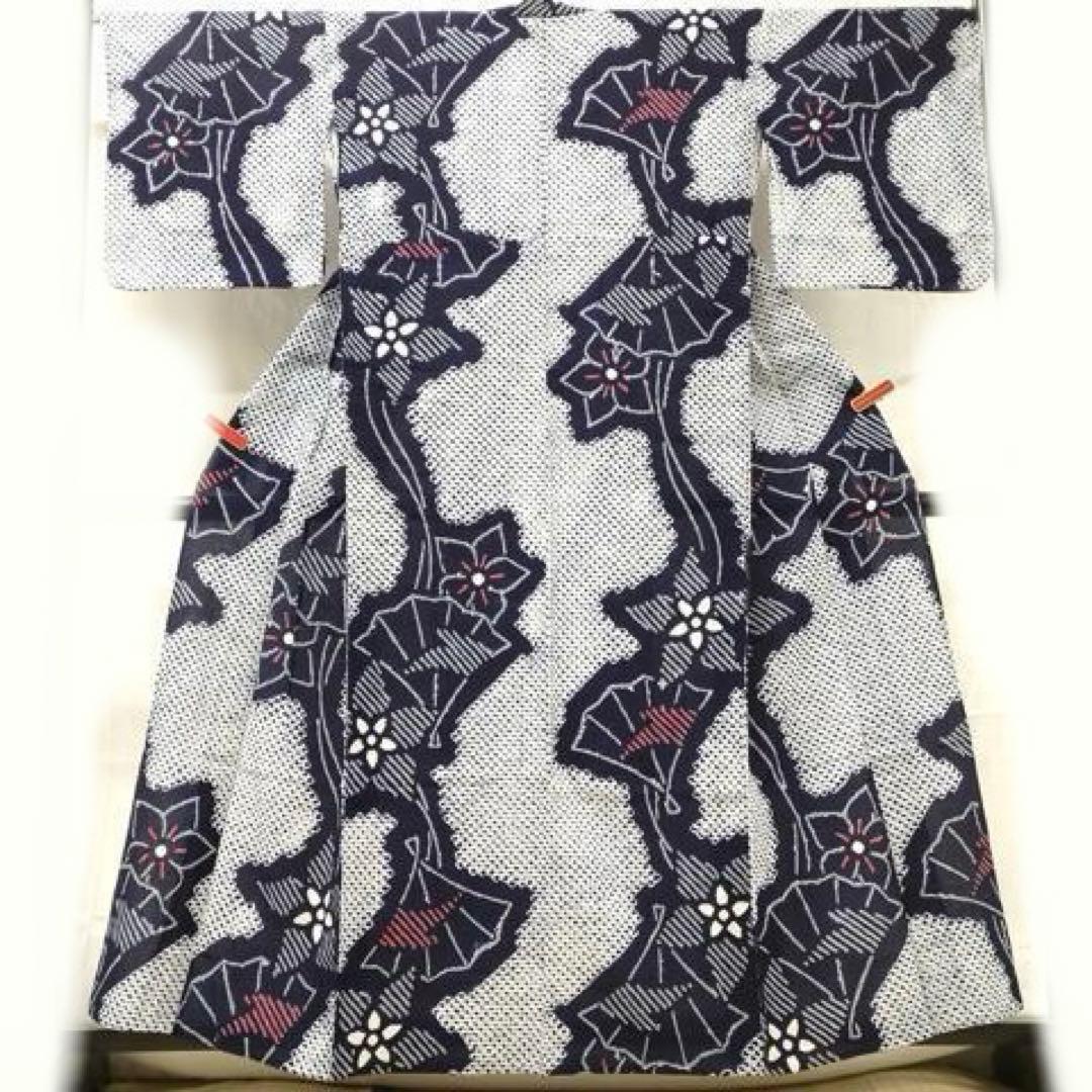 有松絞り　浴衣　紺　扇子　花　有松鳴海絞り　三浦絞り　美品
