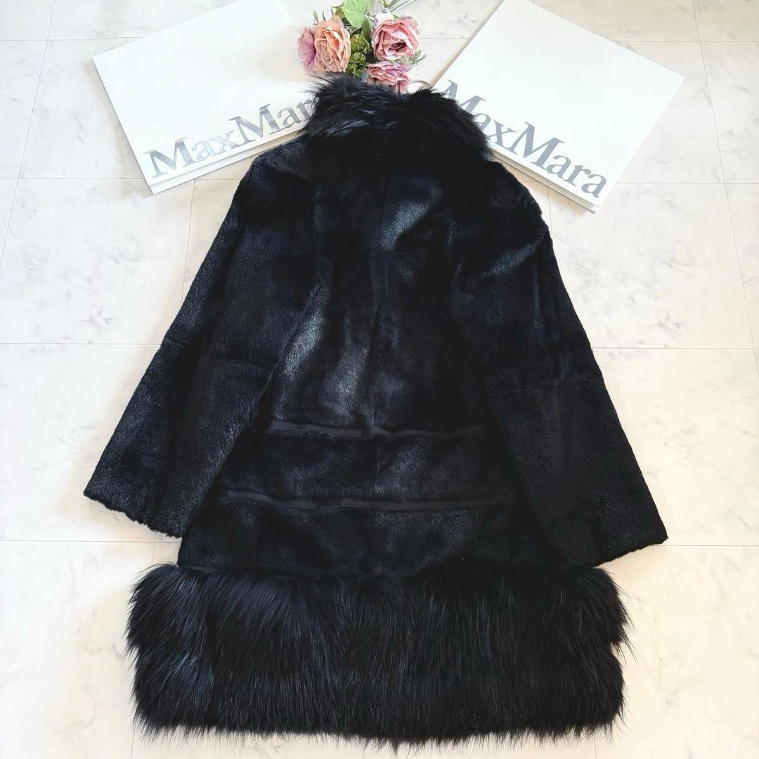 美品★マックスマーラ 高級リアルファー ロングコート ブラック 40