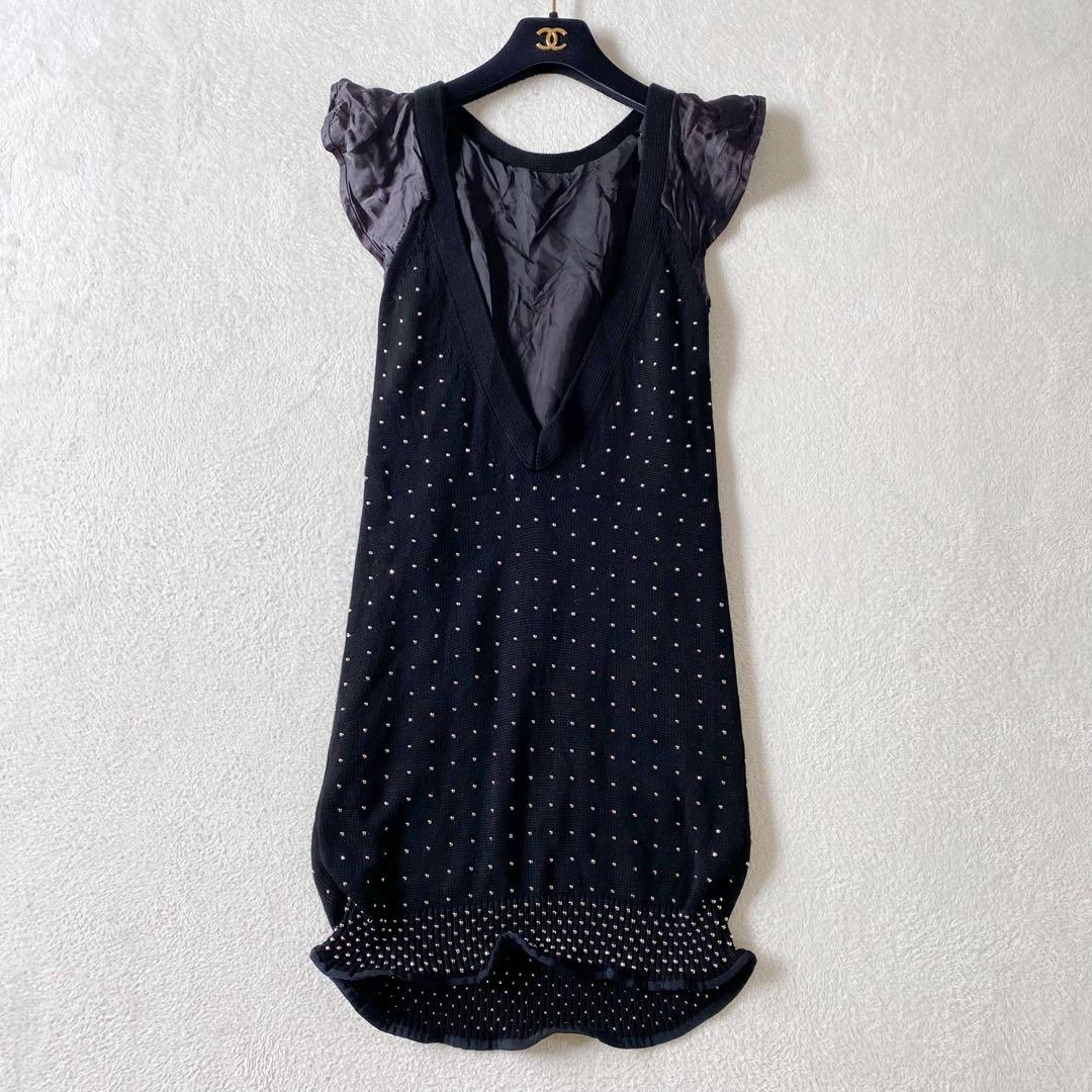 sacai サカイ コットンニット　ビーズ刺繍 フリル袖 チュニックワンピース黒