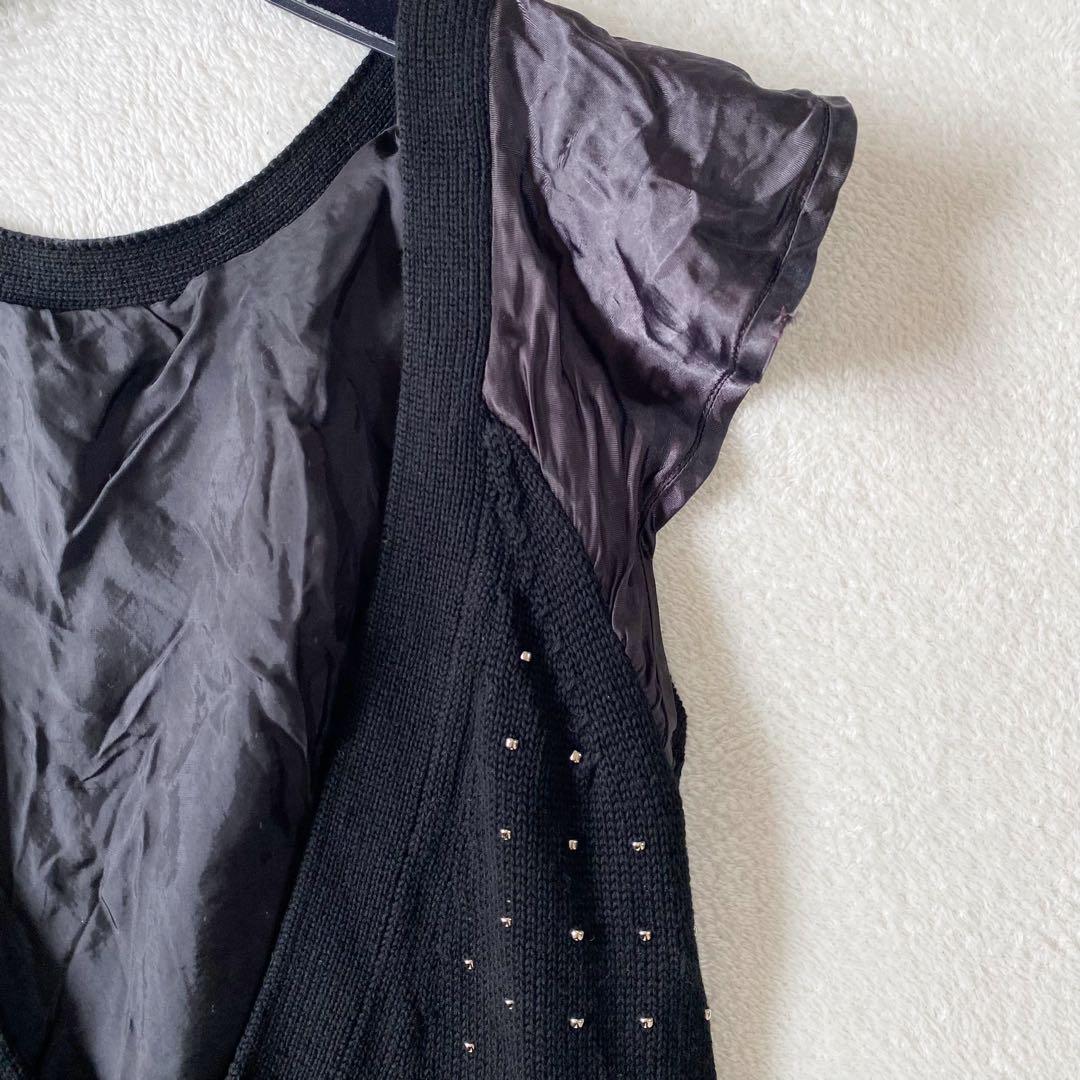 sacai サカイ コットンニット　ビーズ刺繍 フリル袖 チュニックワンピース黒