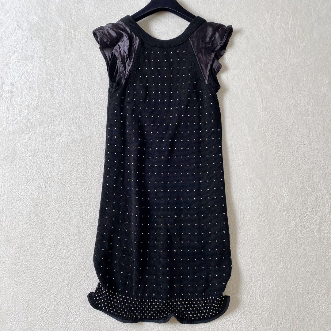 sacai サカイ コットンニット　ビーズ刺繍 フリル袖 チュニックワンピース黒