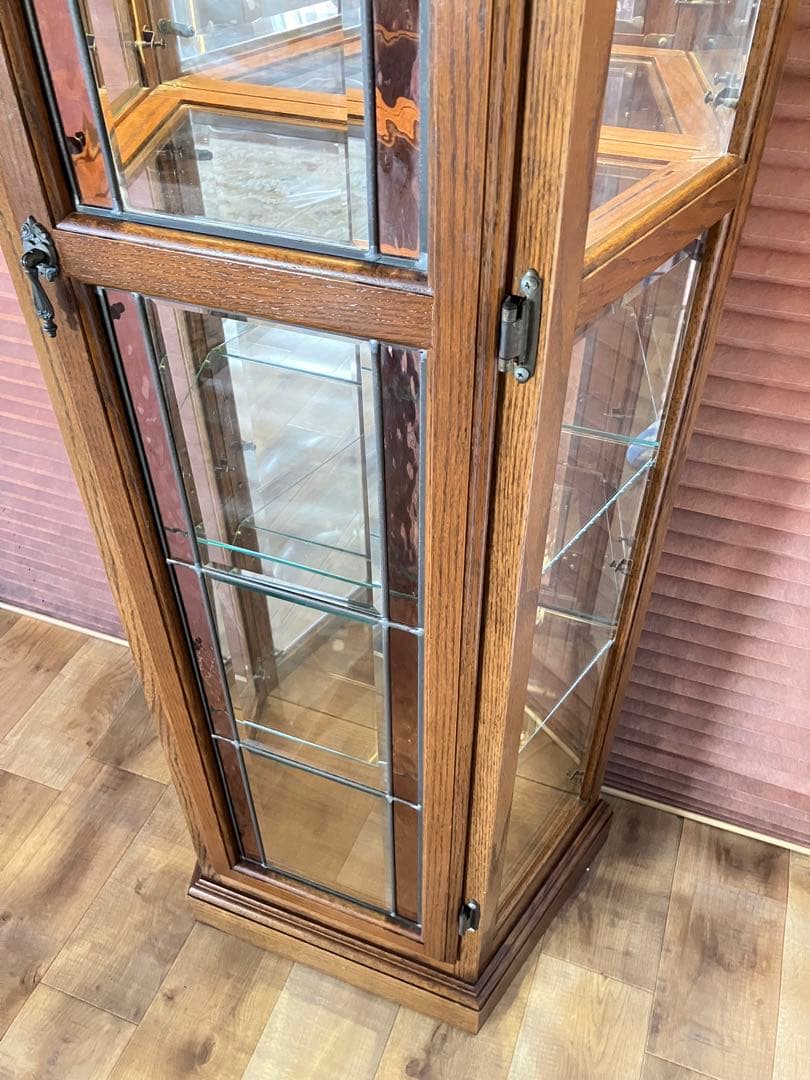 鈴木紀善 キュリオケース　キャビネット　ステンドグラス　オーク材