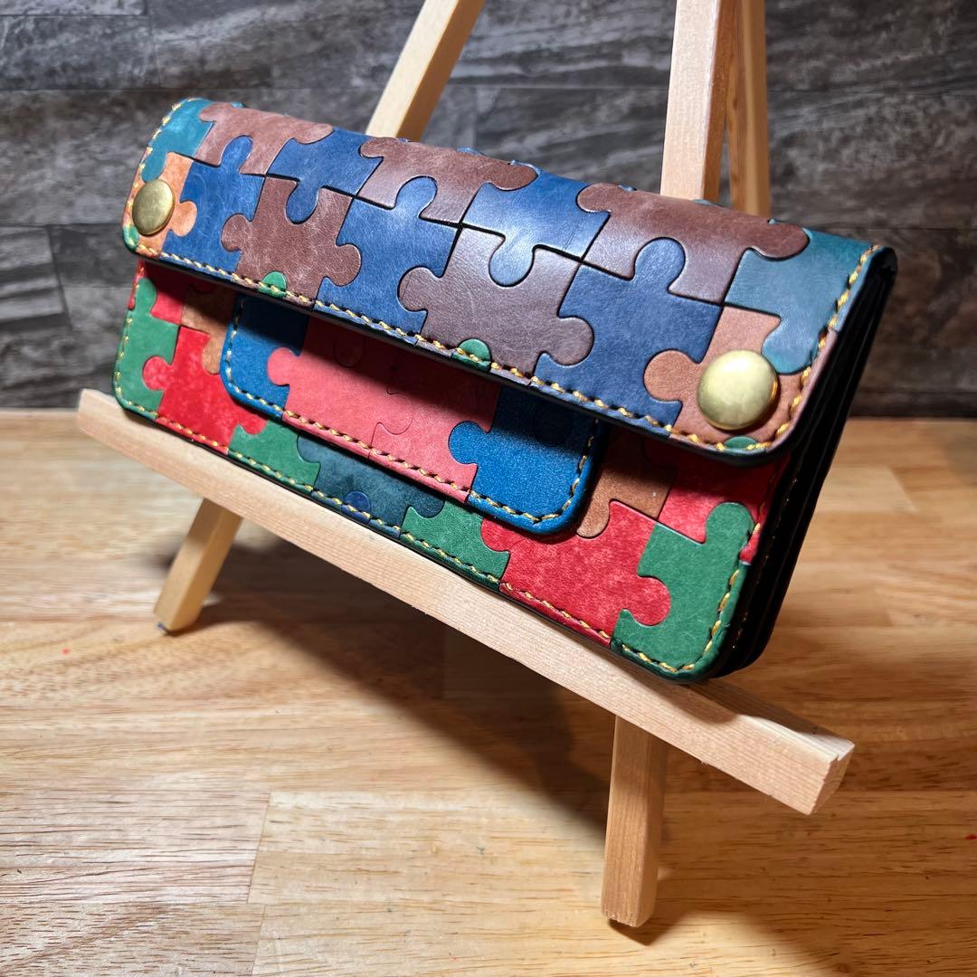 ア*キ様 【世界に一つ】ロングトラッカーウォレット 長財布 高級 本革 パズル