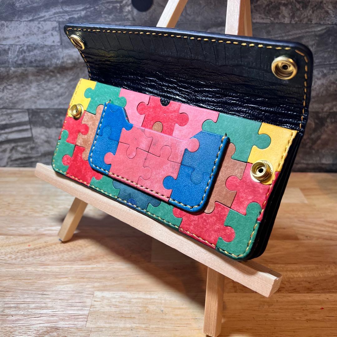 ア*キ様 【世界に一つ】ロングトラッカーウォレット 長財布 高級 本革 パズル