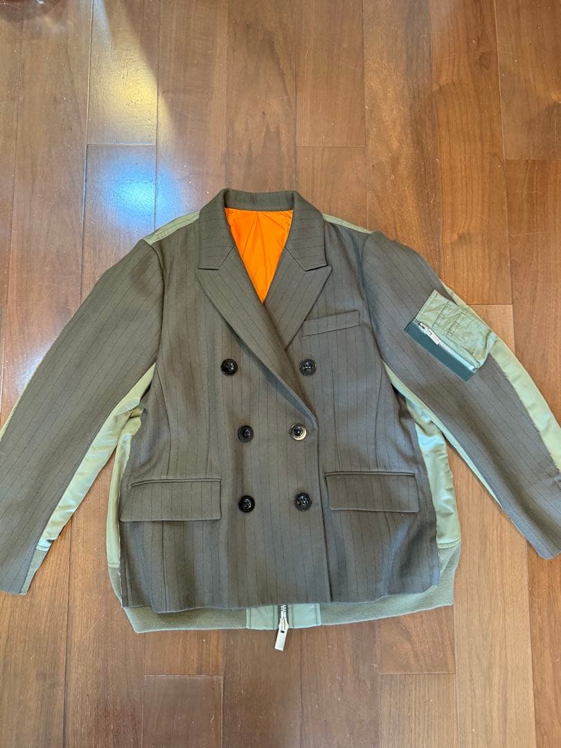 sacaiジャケット/サイズ2/ウール/カーキ/ストライプ/22-06325