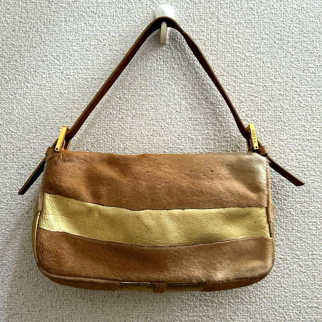 希少✨ FENDI フェンディ バゲット ハンドバッグ ハラコ×ゴールドレザー