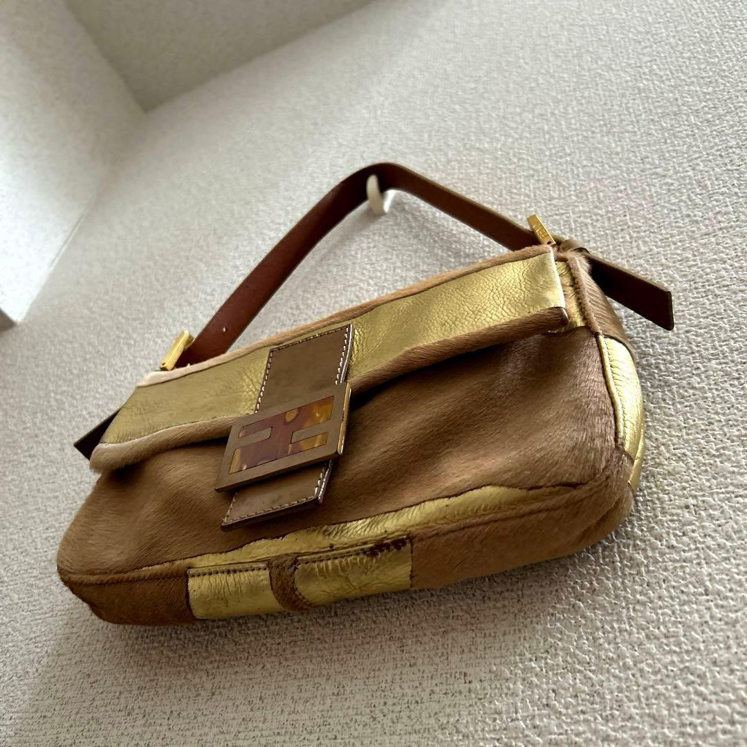 希少✨ FENDI フェンディ バゲット ハンドバッグ ハラコ×ゴールドレザー
