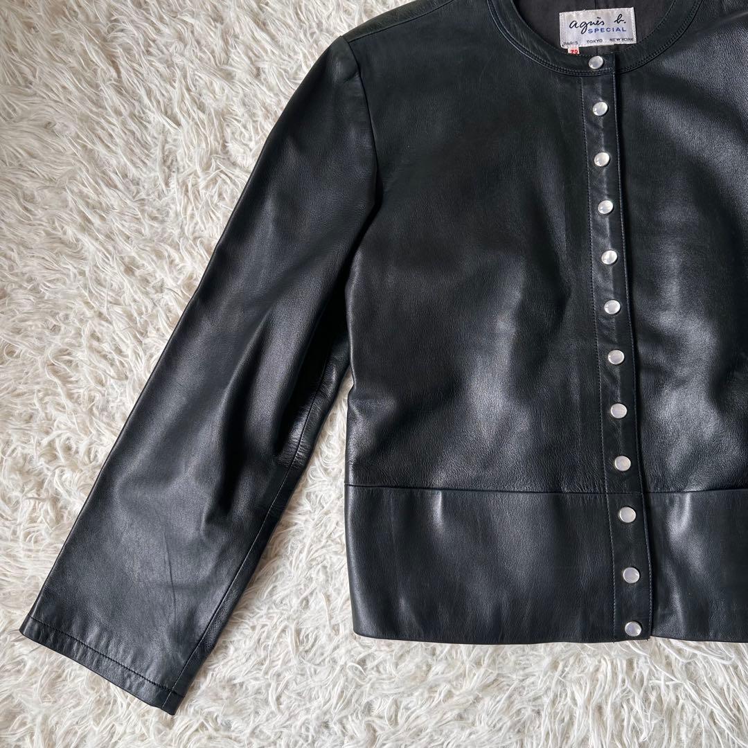 希少✨アニエスベー　レザージャケット　ノーカラー　スナップボタン　黒　本革