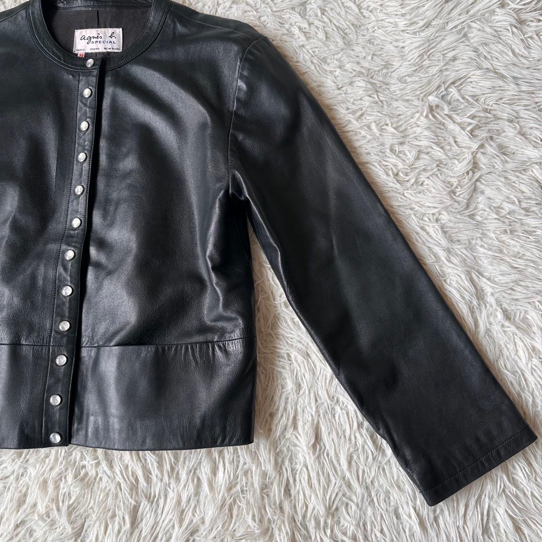 希少✨アニエスベー　レザージャケット　ノーカラー　スナップボタン　黒　本革