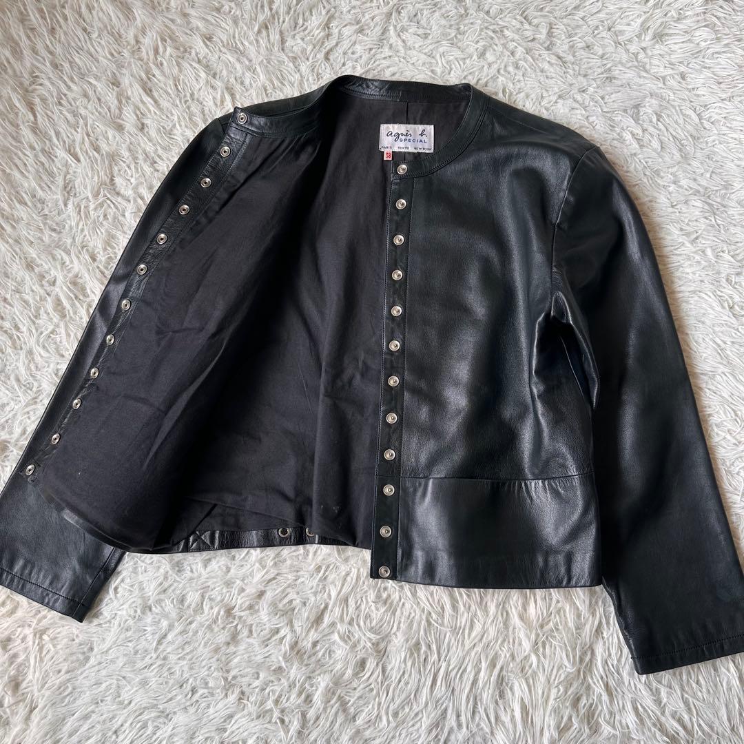 希少✨アニエスベー　レザージャケット　ノーカラー　スナップボタン　黒　本革