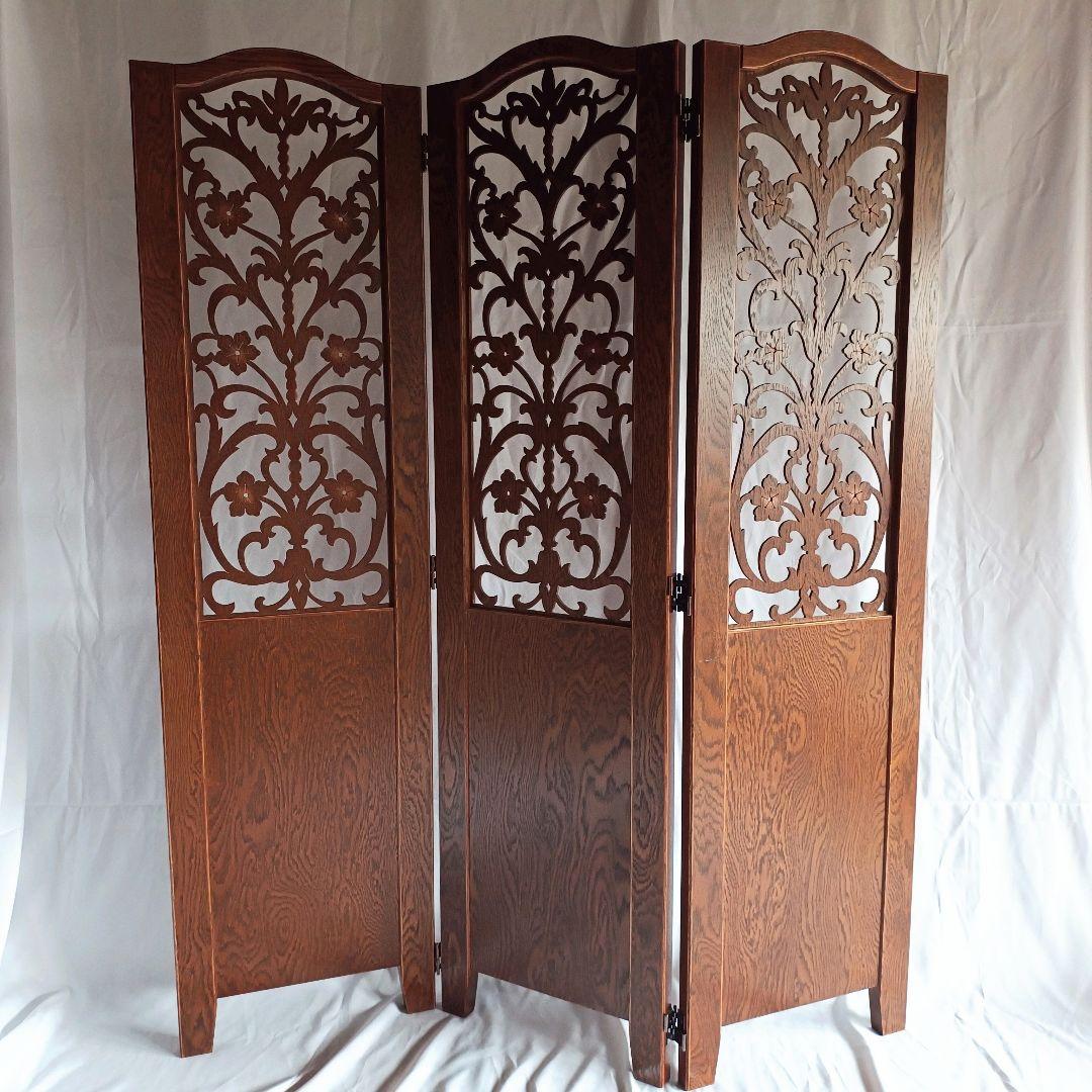 【希少】木目の美しい 花柄 パーテーション 3連 衝立 間仕切り ヴィンテージ