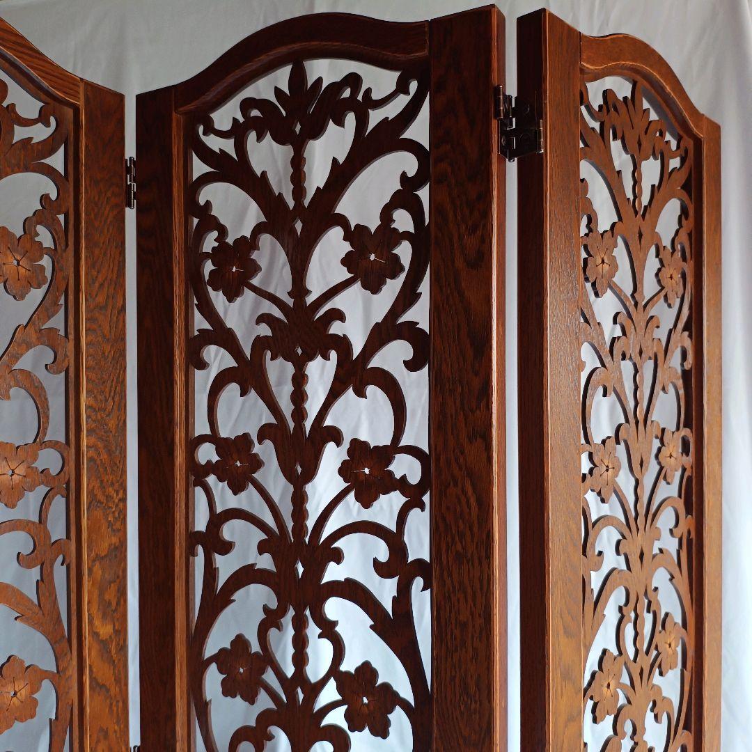 【希少】木目の美しい 花柄 パーテーション 3連 衝立 間仕切り ヴィンテージ