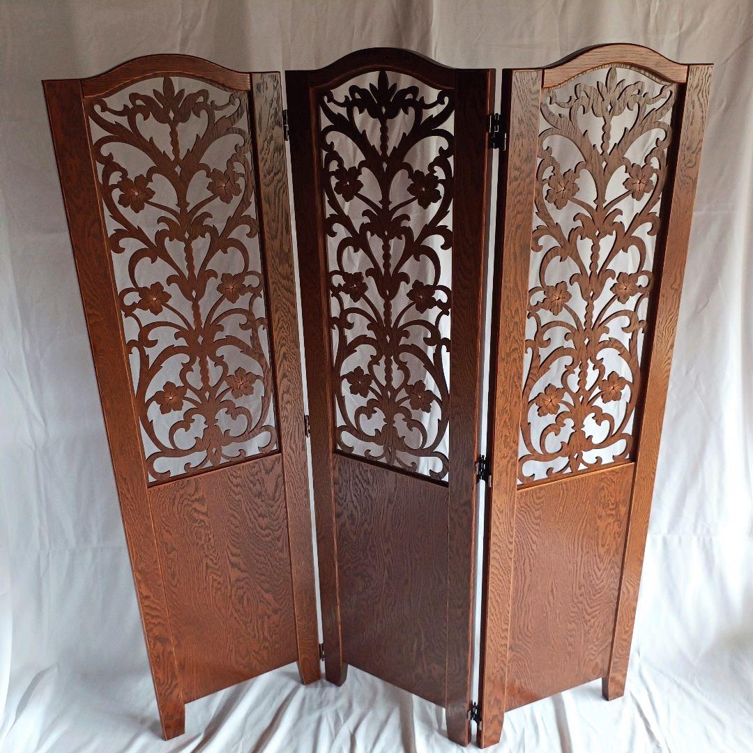 【希少】木目の美しい 花柄 パーテーション 3連 衝立 間仕切り ヴィンテージ