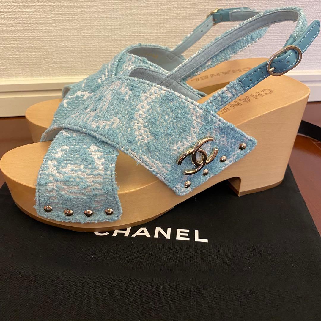 CHANEL 水色 ツイード サンダル 37