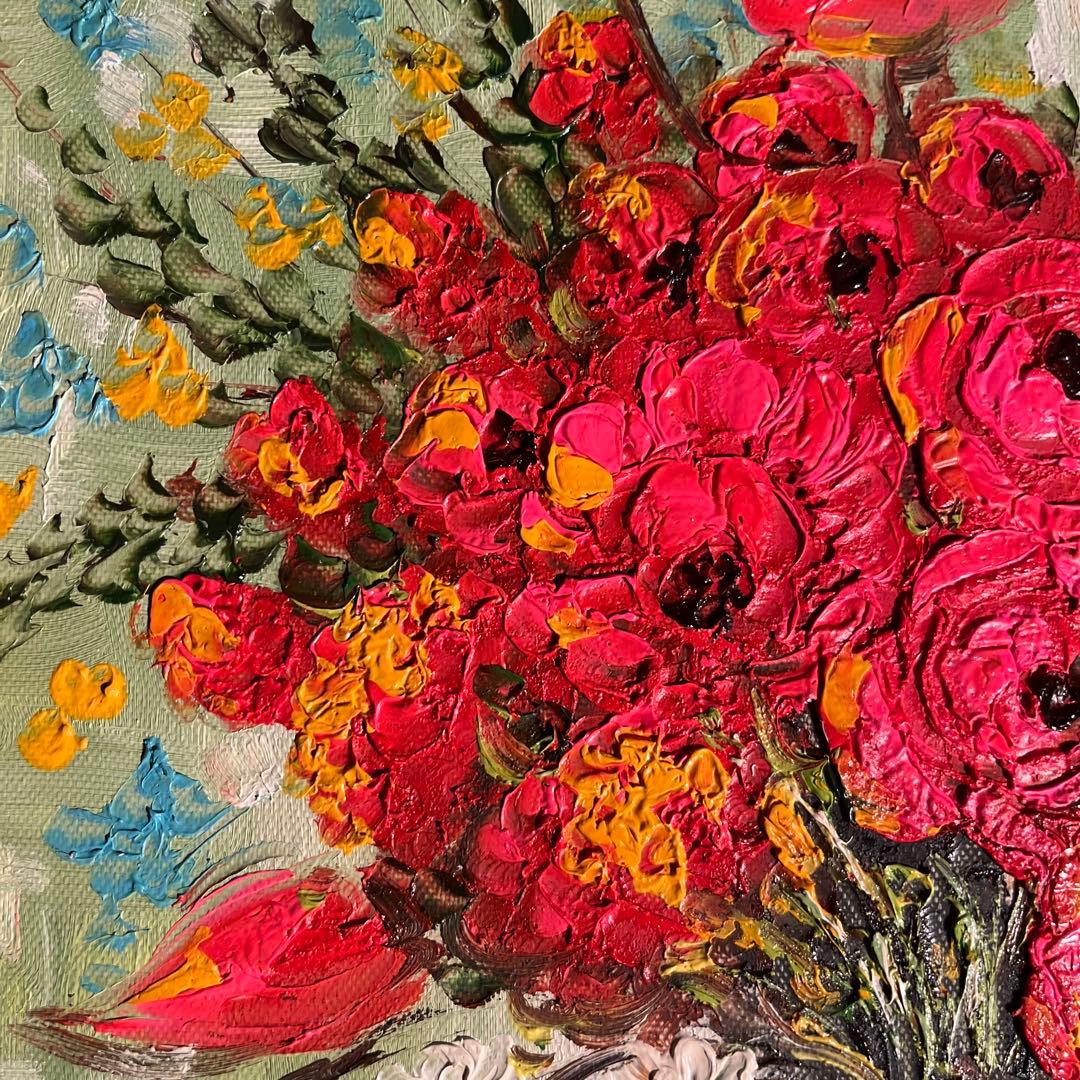 手書き油絵 ゴッホ 赤いヒナゲシとヒナギク 額付 絵画 インテリア 油彩画