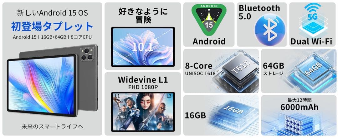 Android15 タブレット 10インチ Wi-Fiモデル 1TB拡張 8コア
