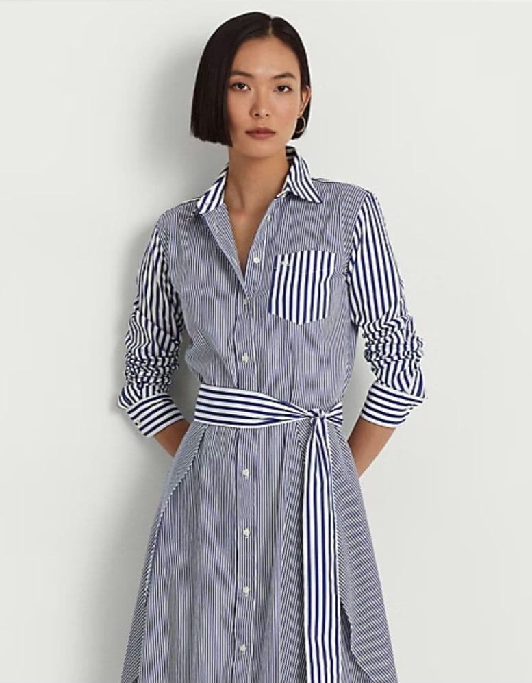 【美品】現行　ローレンラルフローレン　シャツワンピース　ストライプ　ベルト　刺繍