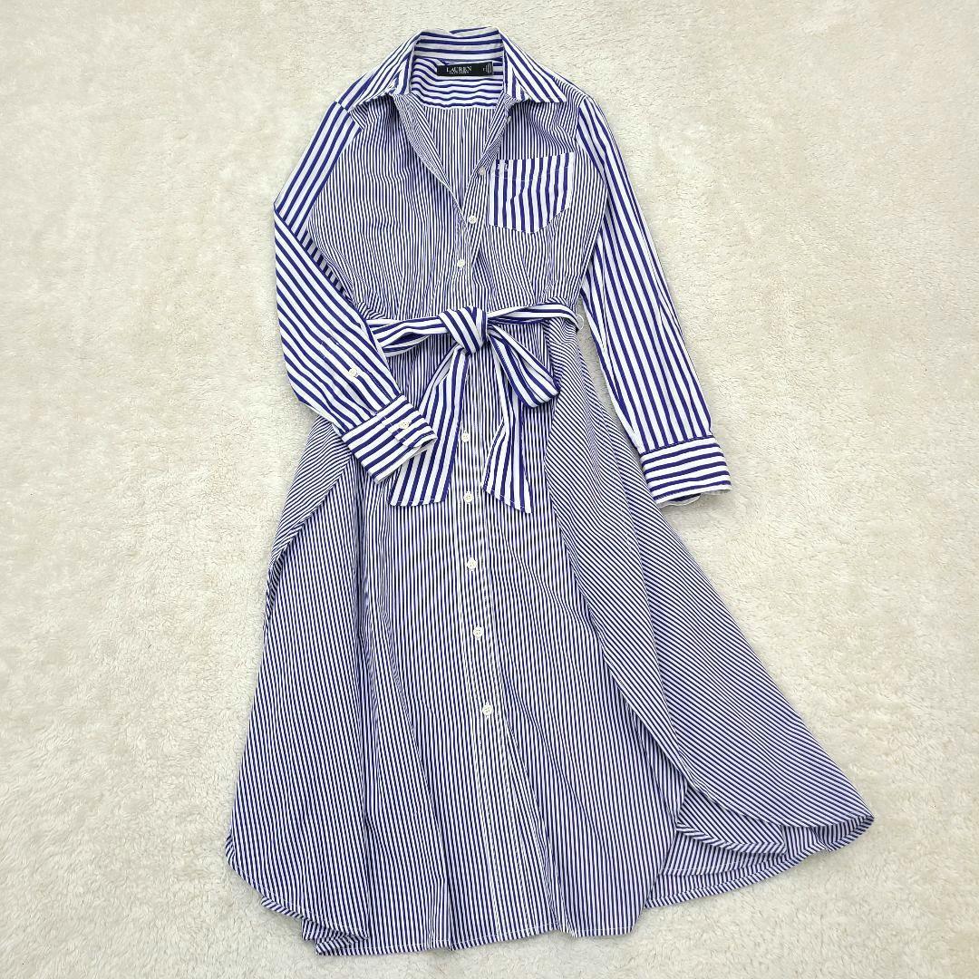 【美品】現行　ローレンラルフローレン　シャツワンピース　ストライプ　ベルト　刺繍