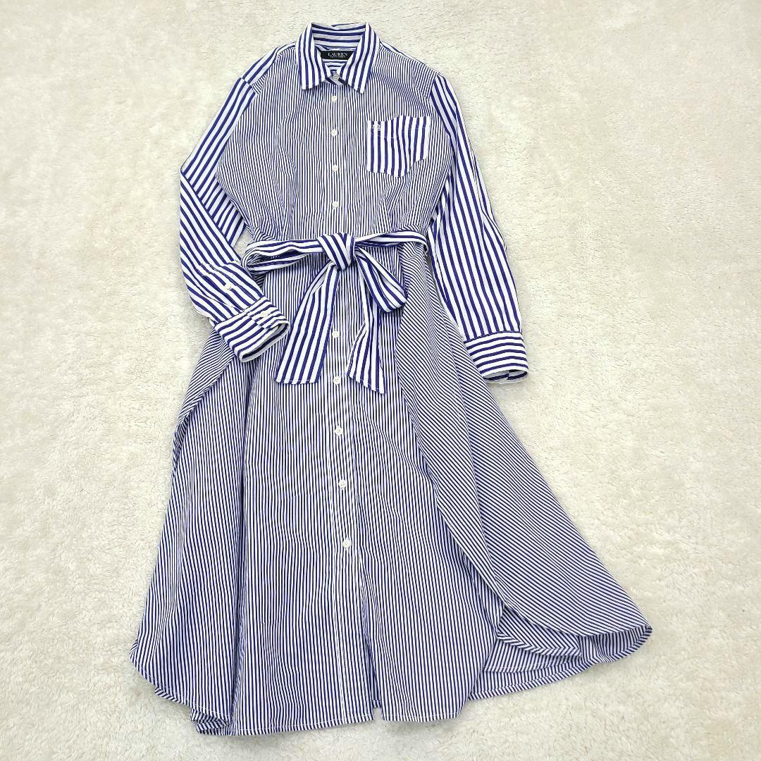 【美品】現行　ローレンラルフローレン　シャツワンピース　ストライプ　ベルト　刺繍